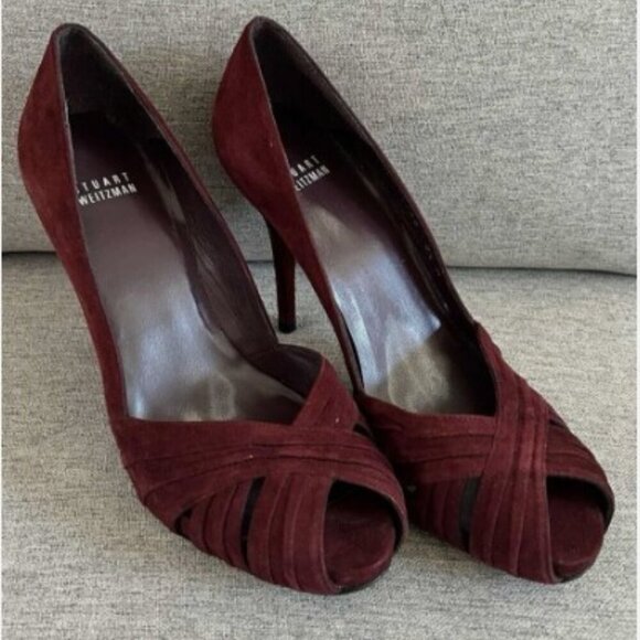 Stuart Weitzman Maroon Suede Peep Toe Heels US 8.5 - Picture 1 of 5
